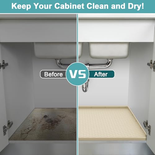 Under Kitchen Sink Mats and Protectors Waterproof, Silicone Under Sink Mat for 34" x 22" Cabinets, Under Sink Tray Organizer, Shelf Liner Cabinet Liner for Kitchen and Bathroom, Beige by MECHEER - Used condition - Image 6