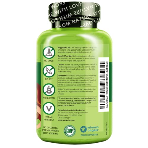 Naturelo Prenatal Multivitamin With Gentle Chelated Iron, Methyl Folate, Plant Calcium & Choline - Vegan, Vegetarian - Non-Gmo - Gluten Free - 180 Capsules - 2 Month Supply #TOP1