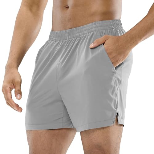 MIER Mens 5 Inches Athletic Shorts with Pockets Dry Fit Gym Workout Running Shorts, Elastic Waist, Light Grey, S