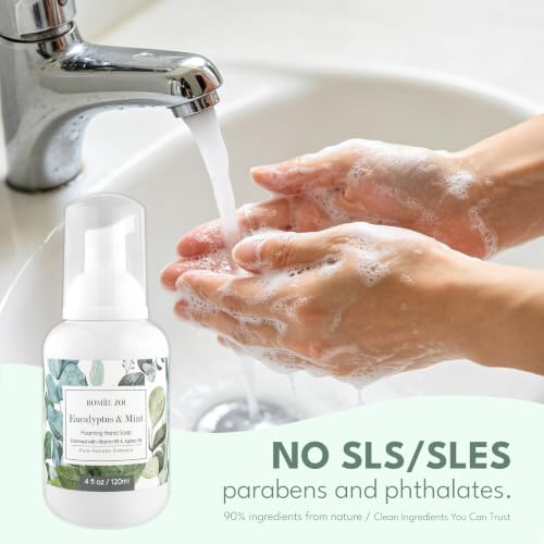 Image of ROMIIE ZOI Foaming Hand Soap, Eucalyptus & Mint Scent, 4 fl oz Travel Size | Natural SLS-Free Formula, Gentle Moisturizing, Rich Creamy Foam, w / Compact Refillable Dispenser