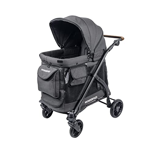 WONDERFOLD M1 Luxe Single Stroller Wagon (1 Seater) with Raised/Reclining/Removable Seats, Retractable/Removable Canopy, 5 Point Safety Harness, and Adjustable Push Handle – Volcanic Black