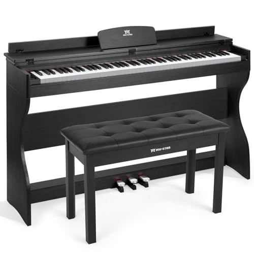 MUSTAR E-Piano 88 Tasten mit Klavierhocker, Digital Piano, Elektrisches Klavier mit Klavierständer, 3 Pedaladapter, 2 Kopfhöreranschluss, LCD-Bildschirm, USB/MIDI, Piano für Anfänger, Schwarz