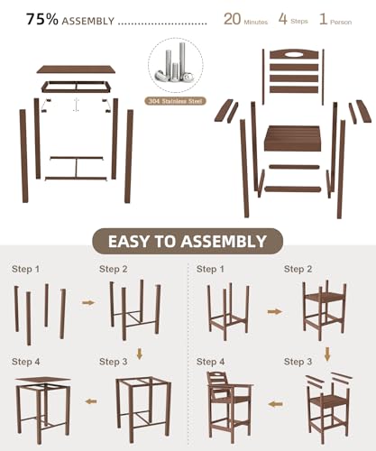 Image of Domi HDPE Adirondack Patio Table and Chairs Set of 3, Adirondack bar Height Outdoor Table and Chairs, All-Weather HDPE Outdoor Bar Set for Poolside, Patio, Backyard, Brown