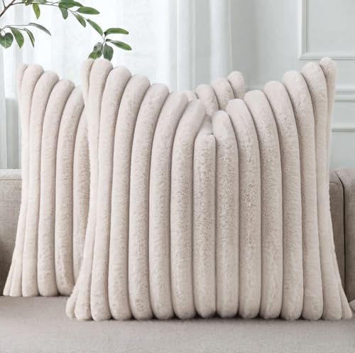 Image of Pallene Faux Fur Plush Throw Pillow Covers 22x22 Set of 2, Luxury Soft Fluffy Striped Decorative Pillow Covers for Sofa, Couch, Living Room, Tan