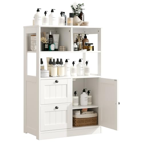 GRUSIGN Bathroom Storage Cabinet with Door and Drawers Small Freestanding Bathroom Cabinet Organizer Farmhouse Wooden Cupboard with Adjustable Shelves for Kitchen Living Room White