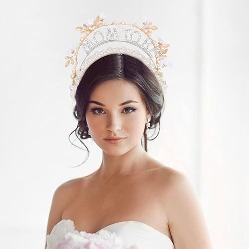 YOUAME Pearl Embellished Baby Shower Mom to be Headband - Handmade Mummy To Be Headpiece, Baby Shower Mother Head Accessory Pearl Head Tiara3