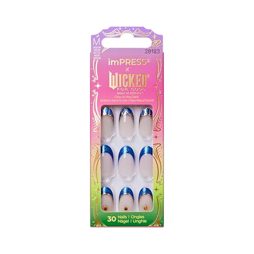 Impress X WICKED: FOR GOOD Press On Nails Wickedly Brave Blue Medium Oval New Improved Adhesive Up To 10 Day Hold Includes 30 Fake Nails 1 Prep Pad 1 Manicure Stick 1 Mini File