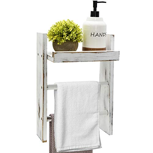 Wood Towel Rack with Shelf, Rustic Wall Mount Towel Ladder Decor for Bathroom, Kitchen Hand Towels Holder, Wooden Towel Bar Hanger for Living Room, Farmhouse Decor Shelf & Storage for Towels, Blankets