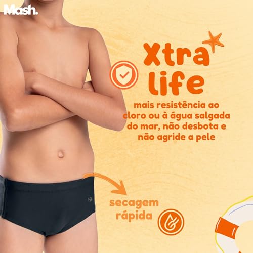 MASH Sunga Infantil Slip Mash UV50+ Cordão Ajustável – Moda Praia 2024 Kids Meninos, Preto, GG