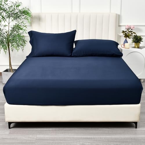 PHF 100% Rayon Derived from Bamboo Fitted Sheet Queen Size, 16" Deep Pocket,2.5cm Wider Strong Elastic Easy Fit, Breathable Silky Soft Skin-Friendly for Hot Sleeper, 60"x 80",Navy Blue, No Pillowcase
