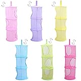 6Pcs Hanging Mesh Storage Organizer Bag with 6Pcs S Hook, MERYSAN Foldable Toy Space Saver Basket with 3 Shelf for Kids Room Closet Bathroom Balcony - 32.3'' x 10.6''(6 Colors)