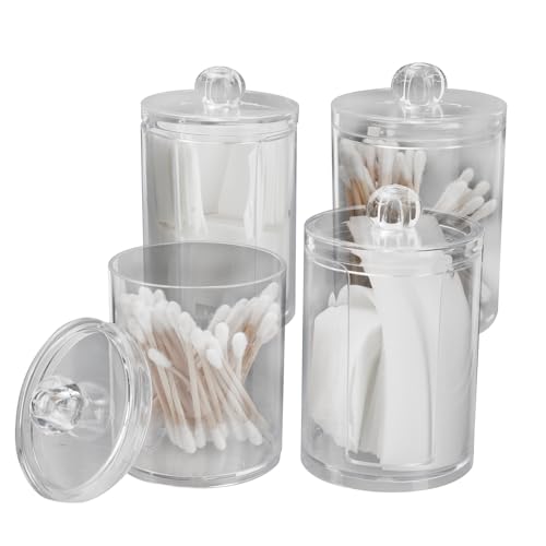 STNRST-IN 4 PCS Clear Acrylic Cotton Bud Holder, Round Plastic Cotton Pad Dispenser with Lids, Transparent Makeup Storage Bathroom Jars for Cosmetic Swabs Dental Picks Hair Clips