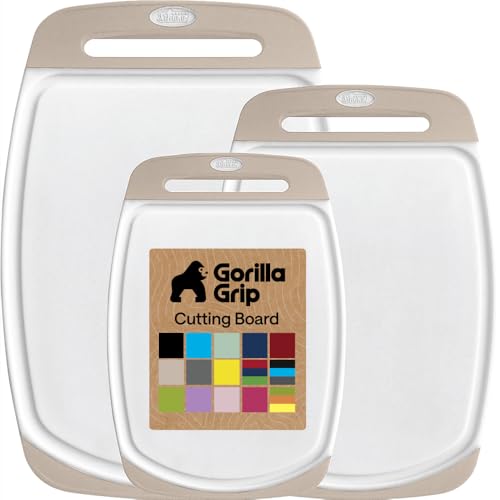 Image of GORILLA GRIP BPA-Free Reversible Kitchen Cutting Board Set of 3, US Designed, Nonporous, Juice Grooves Catch Liquid, Slip Resistant Border, Dishwasher Safe, Durable Large Food Chopping Boards, Almond
