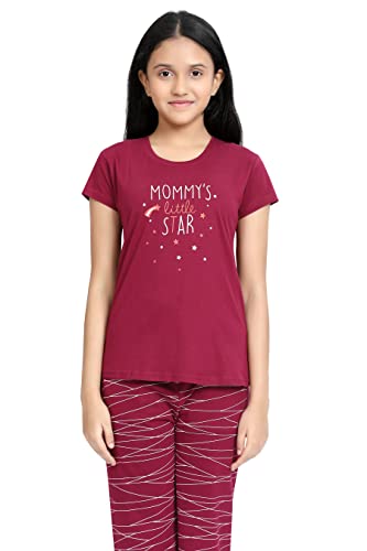 Image of Kids Night Suit for Girls - Cotton Set of Pyjama & T-Shirt Sleepwear - Lightweight & Comfortable Night Wear for Kids