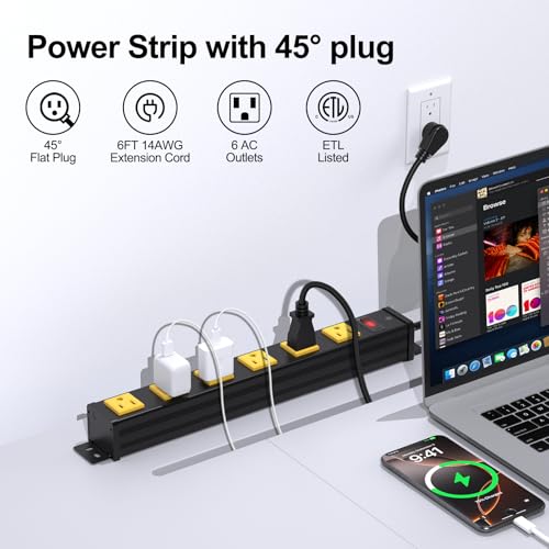 Image of 6 Outlet Wall Mount Metal Power Strip, 1.97 Inch Wide Spacing Flat Plug, 6FT 14AWG Extension Cord with Switch, 15A 1875W ETL Listed for Garage, Workshop, Home