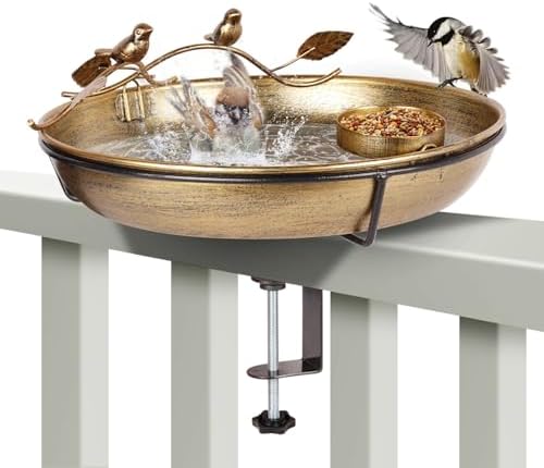 best bird bath for finches that will attract your feathered friends 7 Metal Deck Mounted Bird Bath - 12 Inch Bronze Color Bird Bath for Outdoor with Small Bird Feeder and Decor Branch - Attracts Hummingbirds, Cardinals, Finches