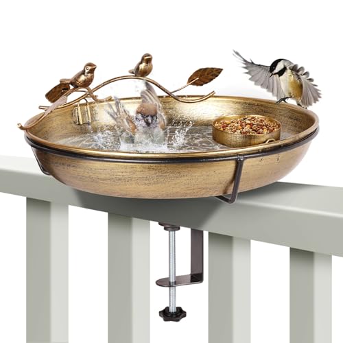 Metal Deck Mounted Bird Bath - 12 Inch Bronze Color Bird Bath for Outdoor with Small Bird Feeder and Decor Branch - Attracts Hummingbirds, Cardinals, Finches