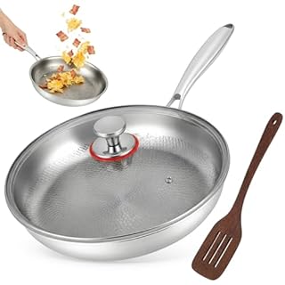Yigowyigo Padella in titanio Pro 30 cm, antiaderente in titanio con coperchio, multifunzione, martellata, antigraffio, martellata per tutti i piani cottura
