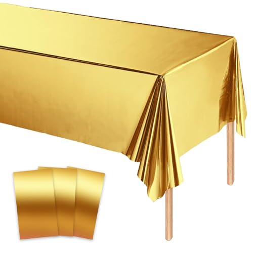 MORAINJAY 3 pièces Nappe Dorée Anniversaire, 137x274 cm, Nappe Plastique Rectangulaire, Idéale pour Mariage, Anniversaire, Fête, Décoration de Table