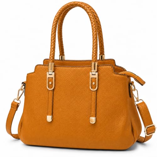 Bolsa Feminina Couro Sintético Macio com Alça Tramada, Zíper, 3 Compartimentos e Alça Transversal (Ocre)