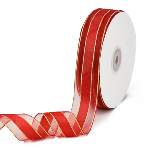 CABODYALS 50 Yards 1 Inch Burgundy Organza Ribbon Gold Edge Nylon Ribbon Sheer Transparent Clear Soft Smooth Mesh Voile Ribbons Rolls with Spool for Gift Wrapping Christmas Hair Braiding Wedding DIY