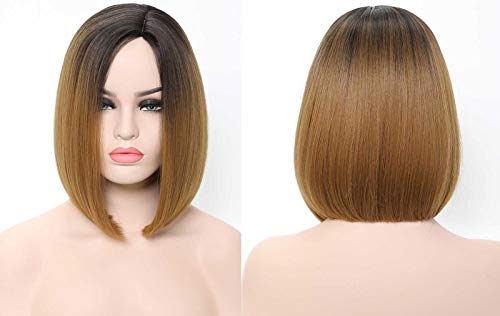 Benegem Light Brown Bob Wigs Slight Side Part Lob Straight Synthetic Wig Glueless Halloween Party Wigs 14 inch