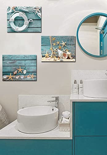 Biuteawal- 3 Piece Canvas Wall Art Starfish Shell On Teal Board Painting Prints Beach Nature Picture Canvas Artwork For Home Kitchen Bathroom Living Room Wall Decor Ready To Hang #TOP3