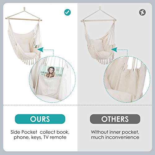 Hammock Chair Hanging Swing, Cotton Weave Hanging Swing Chair 2 Soft Cushions Included, Large Hammock Chair Swing Seat with Side Pocket, Perfect for Home, Bedroom, Patio, Backyard, Deck, Garden Use - Thumbnail 4