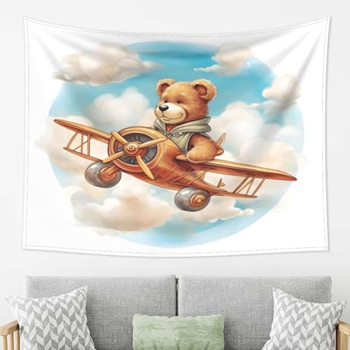 Dusviba Wandteppich, Retro-Flugzeug-Bär, großer Polyester-Wandteppich, ästhetische Raumdekoration, Wohnheim, Wanddekoration, Strandtuch, Picknickdecke, Tagesdecke, Sofabezug mit Hakenklammern, 203,2