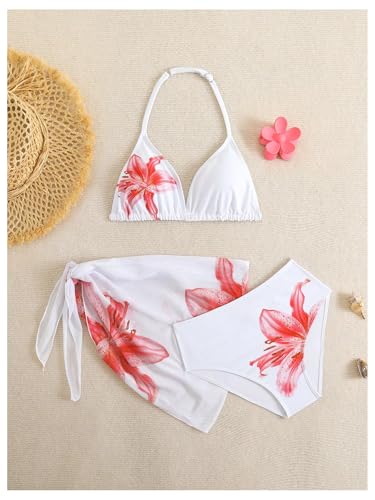 Image of SHENHE Girl's 3 Piece Swimsuits Cute Halter Triangle Bikini Bathing Suit with Beach Cover Up