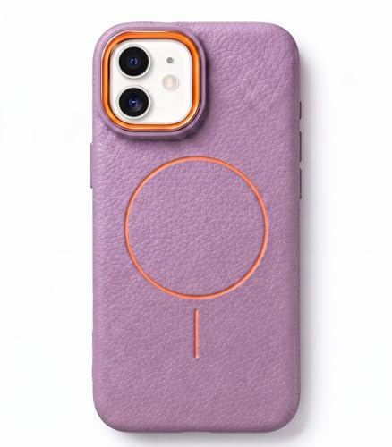 Image of amazon basics Luxury MagSafe Compatible Leather Texture Back Cover for iPhone 12 | Raised Camera Protection | Slim Fit Shockproof Case with Metallic Accents (Purple)