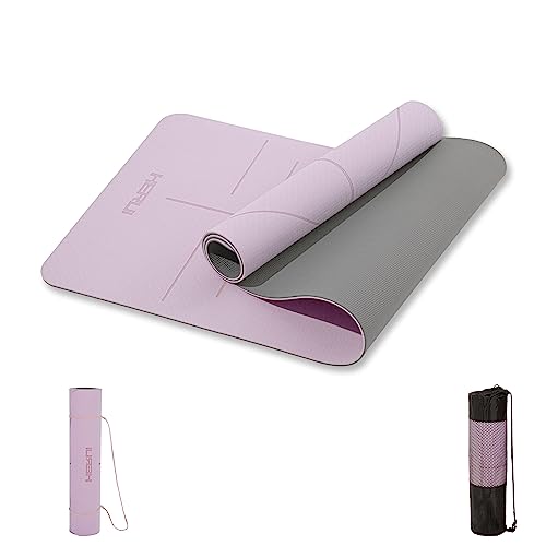 Herui Technology HERUI Yoga Mat Alignment Lines Anti-Slip Exercise Mat with Carrying Bag Fitness Mat for Pilates 183CM*61CM*6MM Thickness for Woman Man Beginners (Light purple)