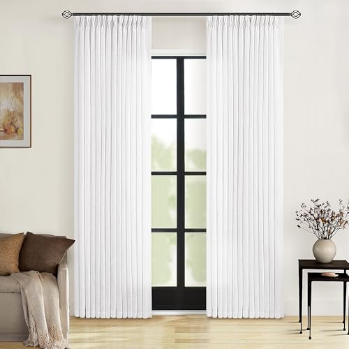 Image of White Linen Curtains 80 Inches Long for Living Room Pinch Pleat Hooks for Living Room Back Tab Thick Linen Textured Pleated Drape Light Filtering Snow White Bedroom Window Curtain 80 Inch Length