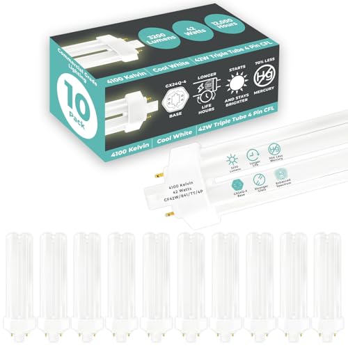 Image of GoodBulb 42 Watt CFL Light Bulbs 4 Pin GX24Q-4 Base 4100K Cool White 42W High Output 3200 Lumens Triple Tube Compact Fluorescent Light Bulbs Plug-in 10 Pack
