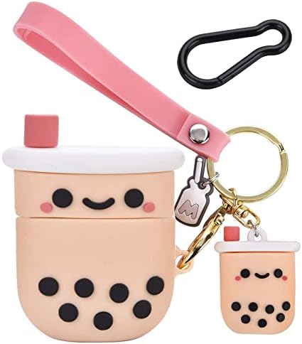 Cute Airpod Case Cover with Keychain Girly Pink Boba Milk Tea Design Compatible with Airpods 2&1 Charging Case for Women and Girls