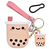 Cute Airpod Case Cover with Keychain Girly Pink Boba Milk Tea Design Compatible with Airpods 2&1 Cha