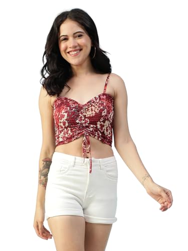 Image of oxolloxo Women Satin Chiffon Print V-Neck Smocked Shoulder Strap Sleeveless Tie-Up Detail Crop Top