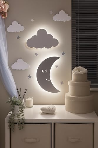 Image of Cloud and Moon Night Light - Customized Wooden Wall Light for Kids Nursery