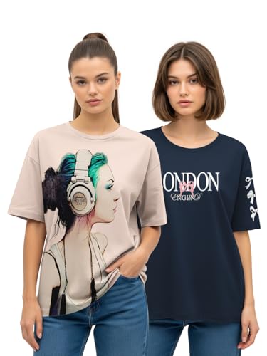 Image of HELLCAT Multicolor Printed Oversized T-Shirt for Women |Pack of 2 T-Shirt