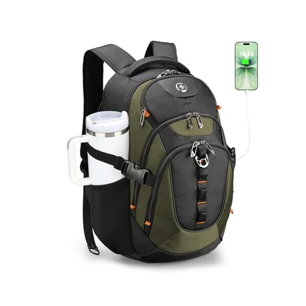 Swissdigital Design Laptop Backpack with USB Charging Port, Travel Backpack Fits 15.6 inches Computer, 31L College School Backpack for Men, Olive/Black | SD803-26