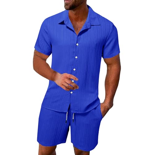 liaddkv Heren zomer ademend tweedelig met geplooid overhemd en shorts set, gestructureerd heren strandpak vest rood, blauw, 3XL