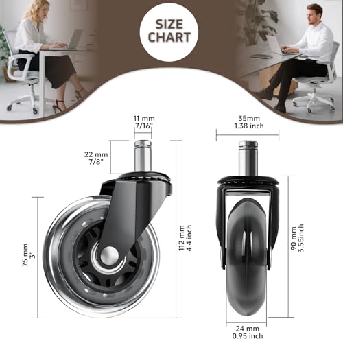 Image of Office Chair Wheels for Hardwood Floor, 5 Pack 3 Inch Heavy Duty PU Caster Wheels, Replacement Casters Universal Stem, Quiet & Smooth for Most Chairs