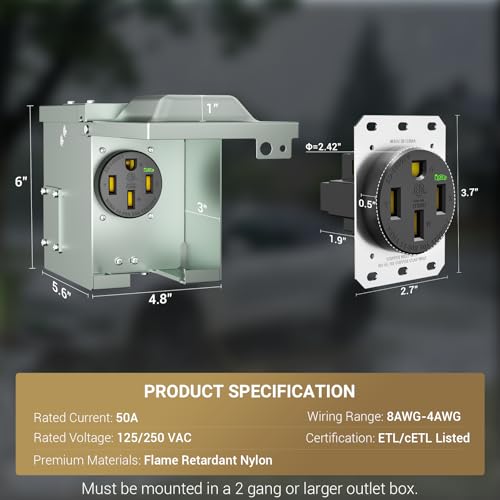 Image of 50 Amp EV Charging Receptacle /Nema 14-50 EV Outlet with Waterproof Box Kit: Heavy Duty Straight Blade Device, U-Shaped Brass Clamp -Industrial Grade, 3-Pole 4-Wire Grounding,125 /250V,ETL Listed