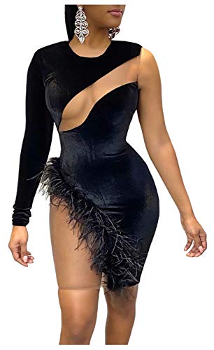 Aro Lora Women s Sexy One Sleeve Velvet Sheer Mesh Irregular Fluffy Trim Club Bodycon Mini Dress Medium Black