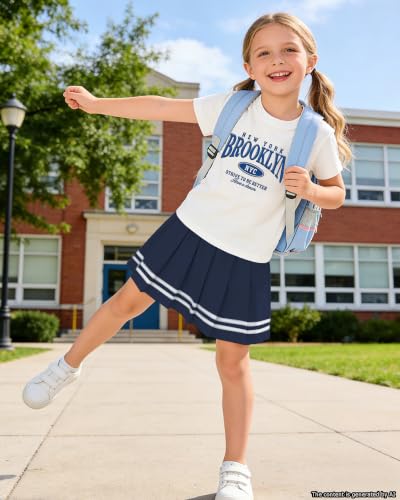 Image of Betusline Girls Skirt Set JK School Uniform 2-Piece Outfit - Short Sleeve & Webbing Solid Skirt,Letter Print,Dark BLue,7-8Years = Tag 140