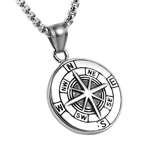 AsAlways Collier avec pendentif boussole en acier inoxydable argenté pour homme