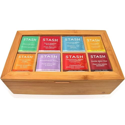 Stash Tea Bags Sampler Assortment Variety Pack 80 Tea Bags 30 Unique Flavors in Bamboo Organizer for Mom Dad Wife Husband Tea Lovers
