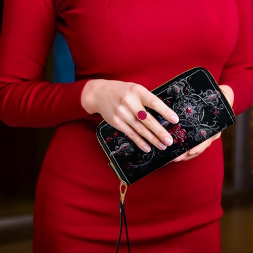 Women's Card Holder Wristlet Wallet, Convenient Travel Long Wallet with Strap and Pink Compact Mirror, Fashion and Sturdy Wristlet Long Purse for Women, Rose Art Cross2