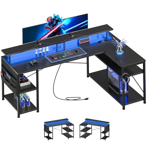YeTom ゲーミングデスク幅130cm l字デスク LEDライト付き pcデスクコーナーデスク 棚板高さ調節可能 収納袋付き L字型 PC 勉強机 ゲーミングテーブル 左右入れ替え対応ゲーム 書斎黒い