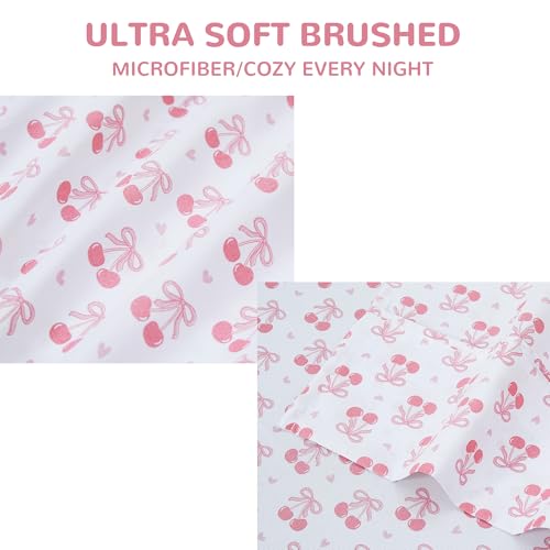 Image of Viviland 3 Pieces Girls Pink Twin Sheet Set - Soft Microfiber Fitted Flat Sheets & Pillowcase - Pink Cherry Bow Print Bedding Sets - for Kids & Toddlers